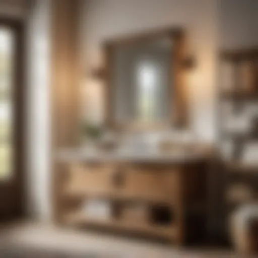 Farmhouse bathroom mirror with shelf above rustic wooden vanity