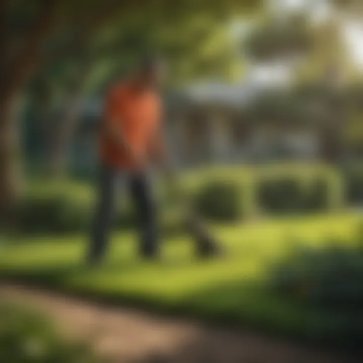 Gardener applying eco-friendly fertilizer in a lush lawn