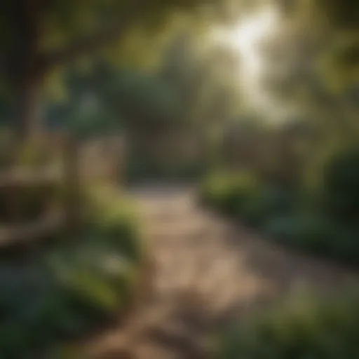 Rustic log fence weaving through a lush garden