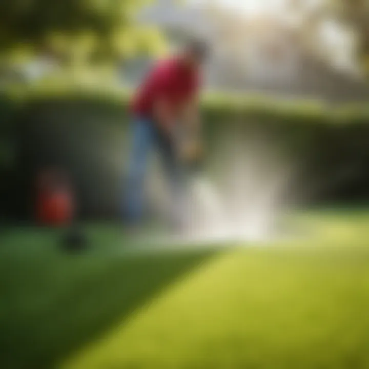 Landscaper installing irrigation system in repaired lawn