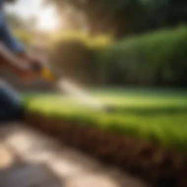 Landscaper installing irrigation system underground