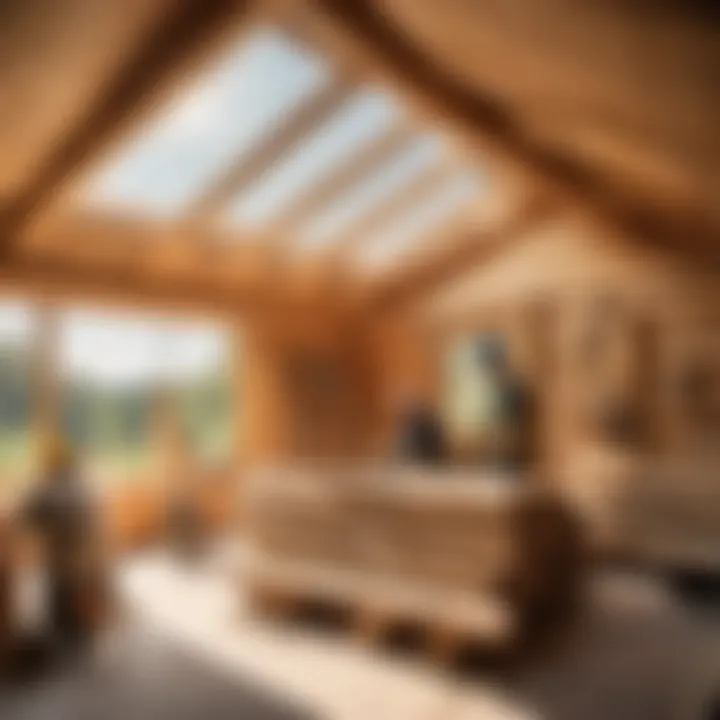 A log cabin under construction with workers assembling logs