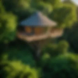 Aerial view of a tree house nestled among lush green foliage