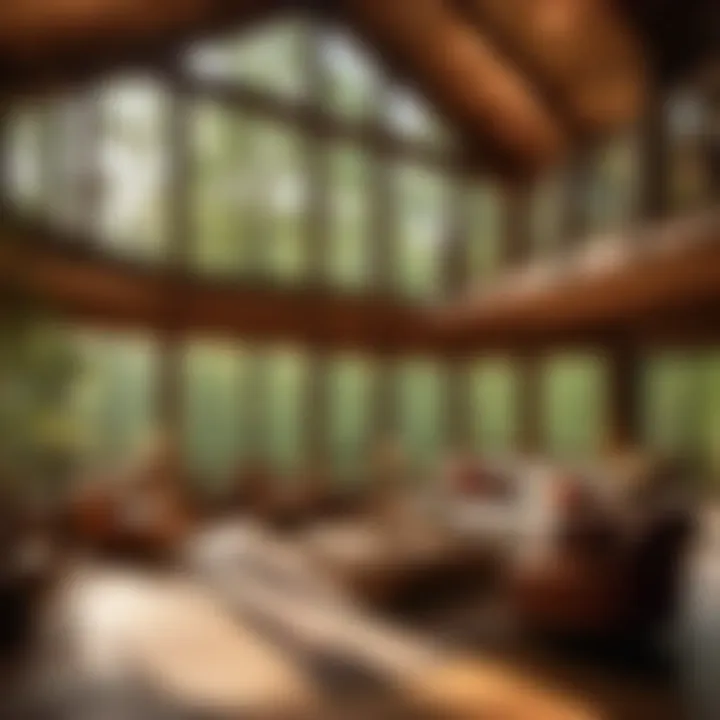 Interior of a tree house showcasing cozy furniture and large windows overlooking the forest