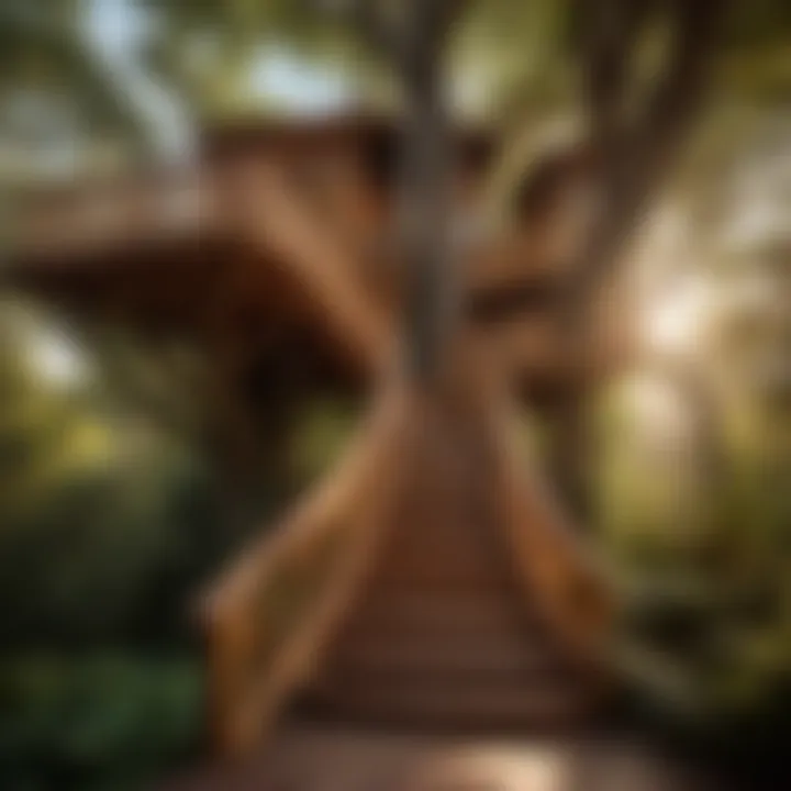 Intricate wooden staircase leading up to a beautifully designed tree house