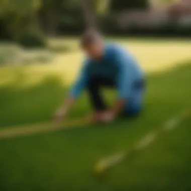 Man inspecting renovated lawn with measuring tape