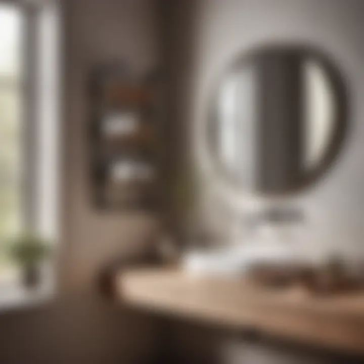 Minimalist farmhouse bathroom mirror with sleek shelf and neutral color palette