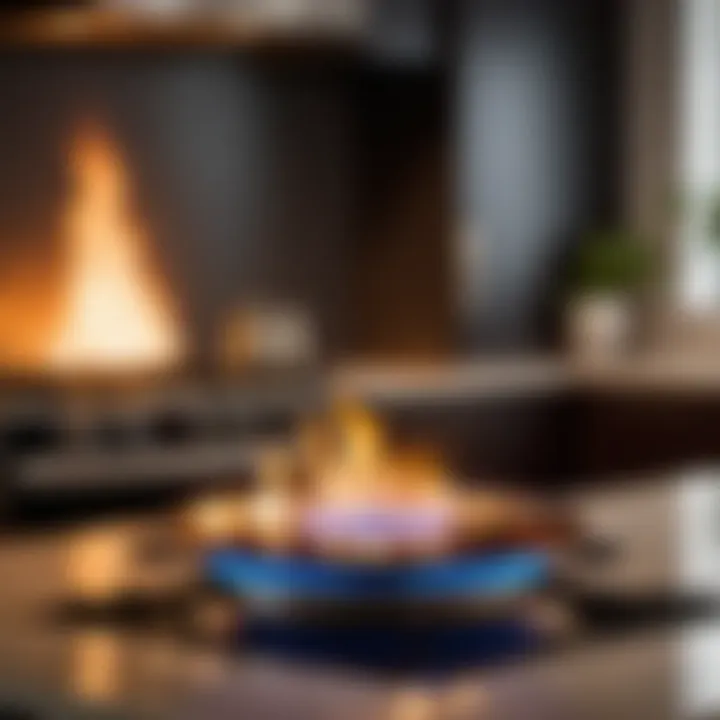 Natural gas flame burning brightly in a modern kitchen