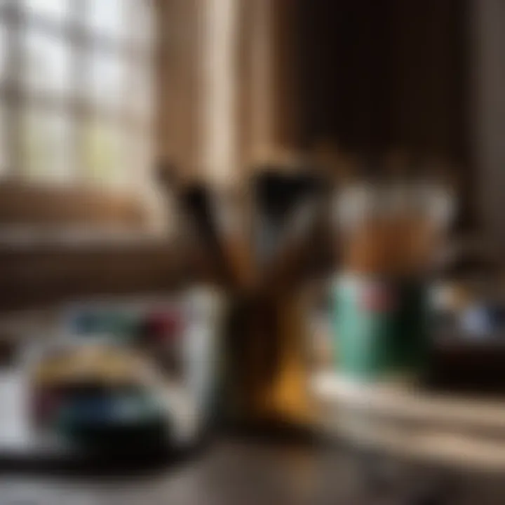 Close-up of paintbrushes and cans of paint