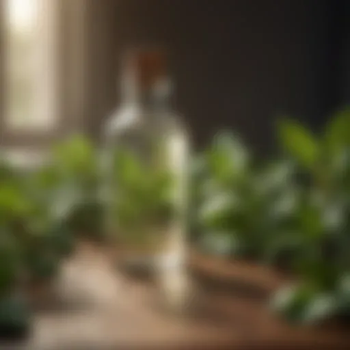 Peppermint oil in a glass bottle surrounded by peppermint leaves
