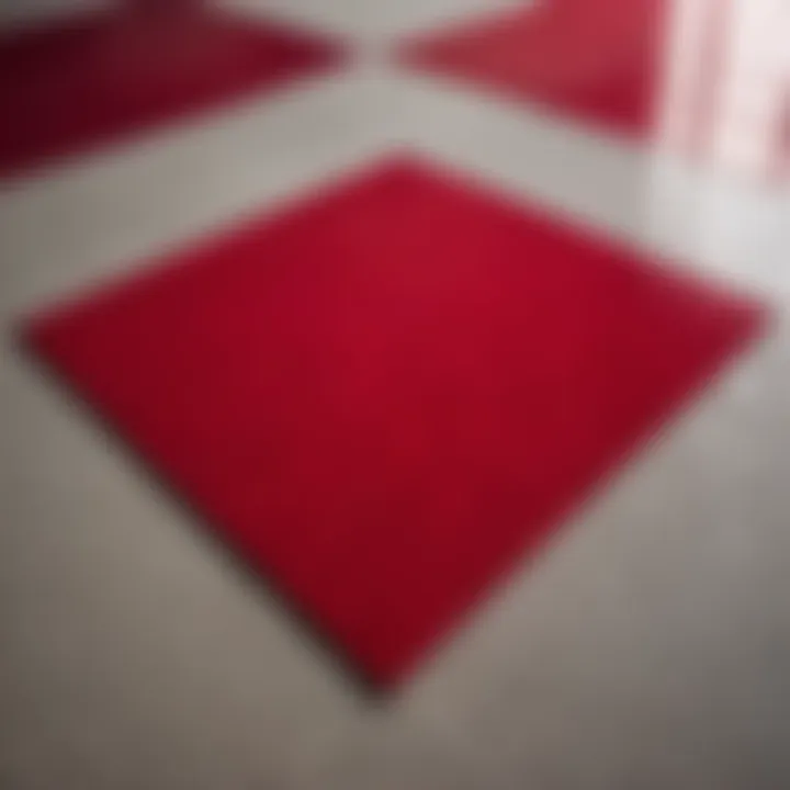 Abstract geometric patterns in bold crimson tones on a cement floor