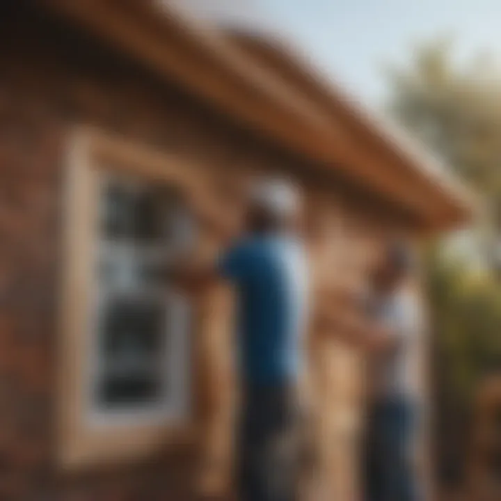 Skilled artisans applying finishing touches to house exterior