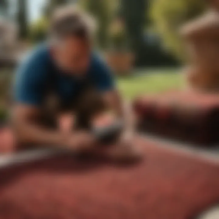 Skilled outdoor carpet installer working on a precise cut