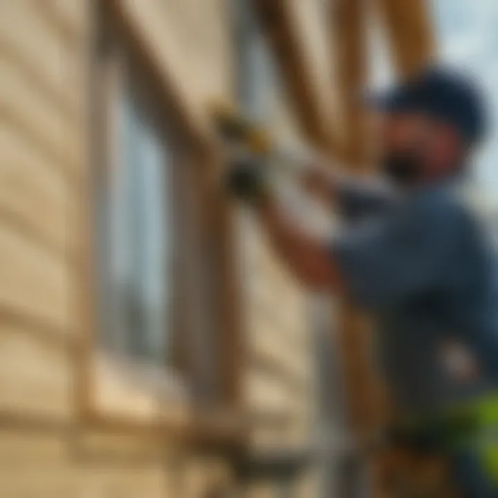 Skilled workers installing siding on a building