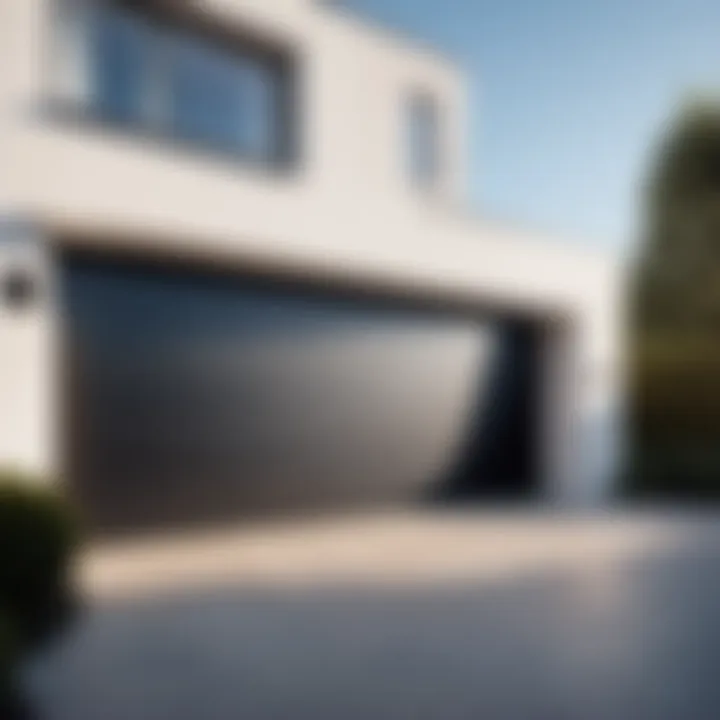 Modern black garage door contrasting with white facade