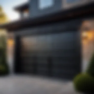 Elegant black garage door with intricate design