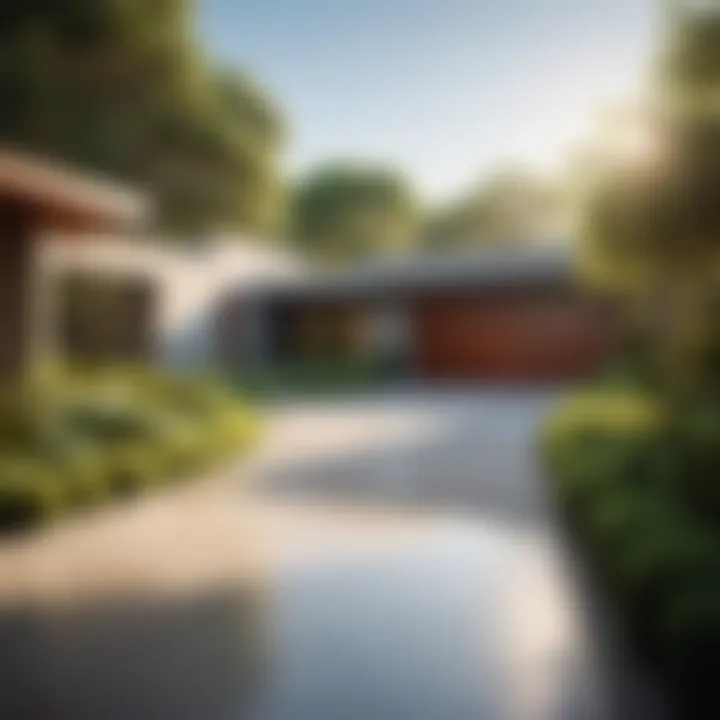 Stained concrete driveway surrounded by lush green landscaping