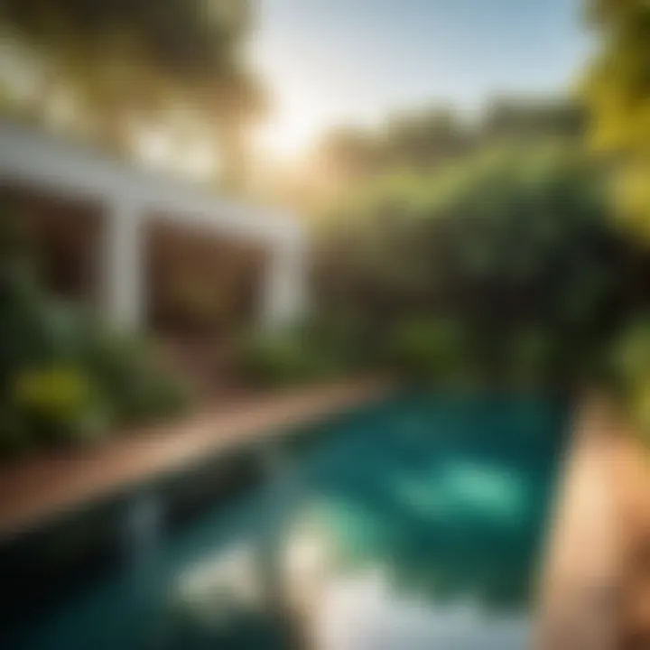 Sunlight filtering through lush greenery onto pool area