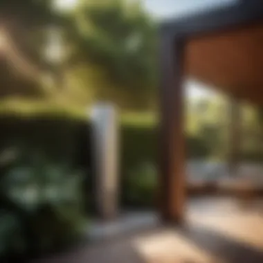 Outdoor tankless water heater surrounded by greenery