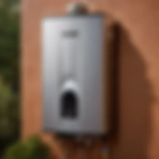 Tankless water heater mounted on exterior wall