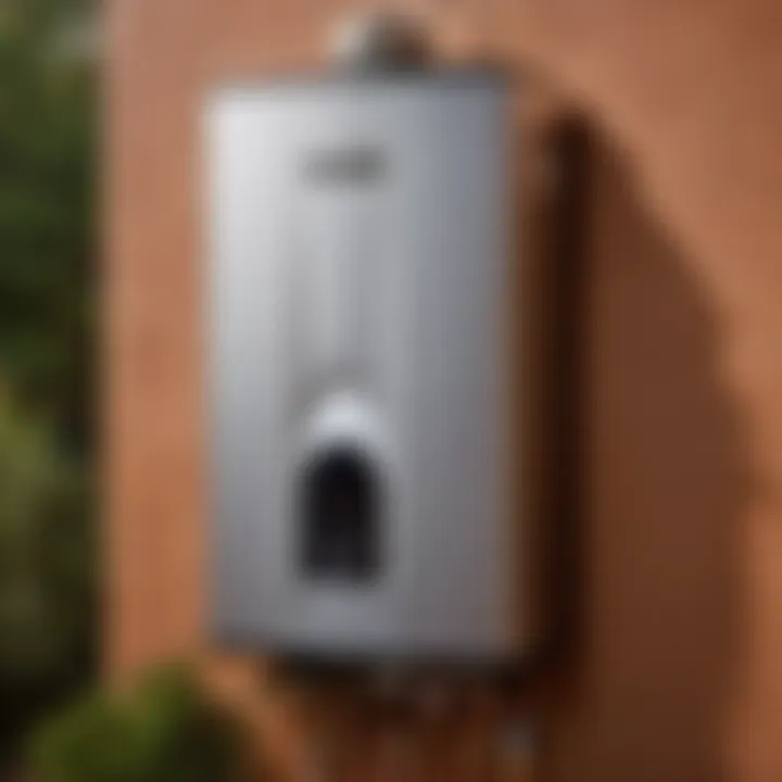 Tankless water heater mounted on exterior wall