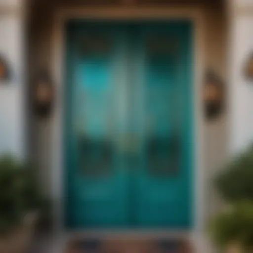 Intricate Geometric Patterns on Teal Storm Door Elegant teal storm door adorned with intricate geometric patterns