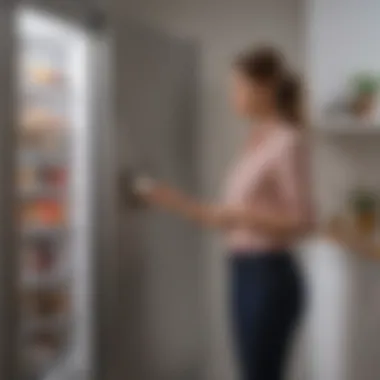 Careful Evaluation of Pre-Owned Appliances A buyer inspecting a pre-owned refrigerator with a checklist