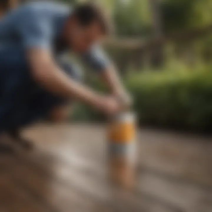 A homeowner applying outdoor paint to a wooden deck.