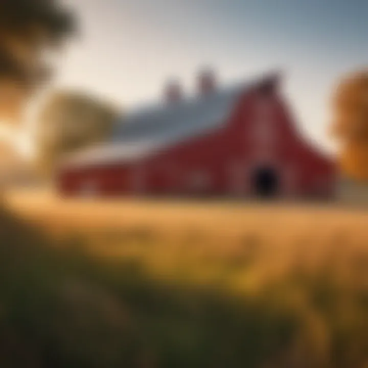 Traditional red barn against a picturesque rural backdrop