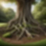 Illustration showing tree roots entangled with grass roots