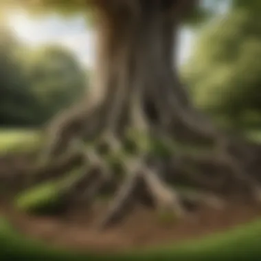 Illustration showing tree roots entangled with grass roots