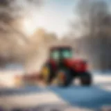 Garden tractor plowing snow in the early morning light