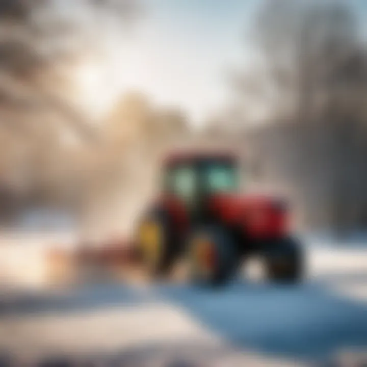 Garden tractor plowing snow in the early morning light
