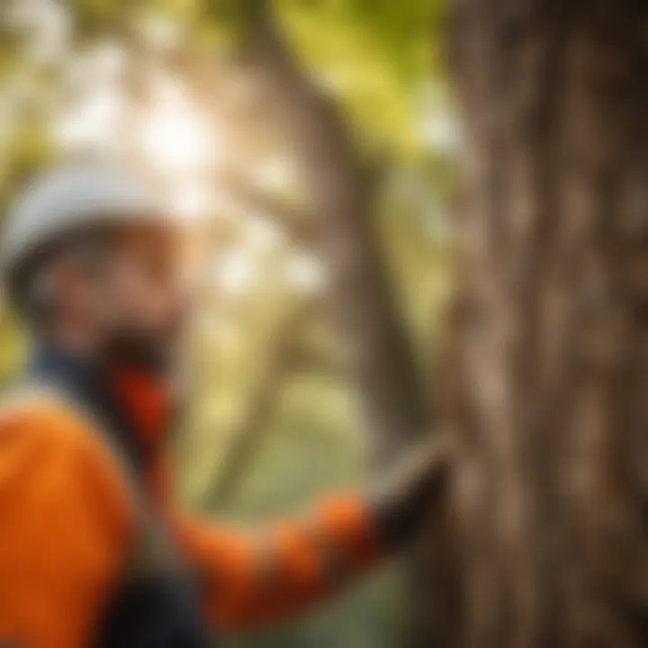 Arborist inspecting tree trunk for signs of disease