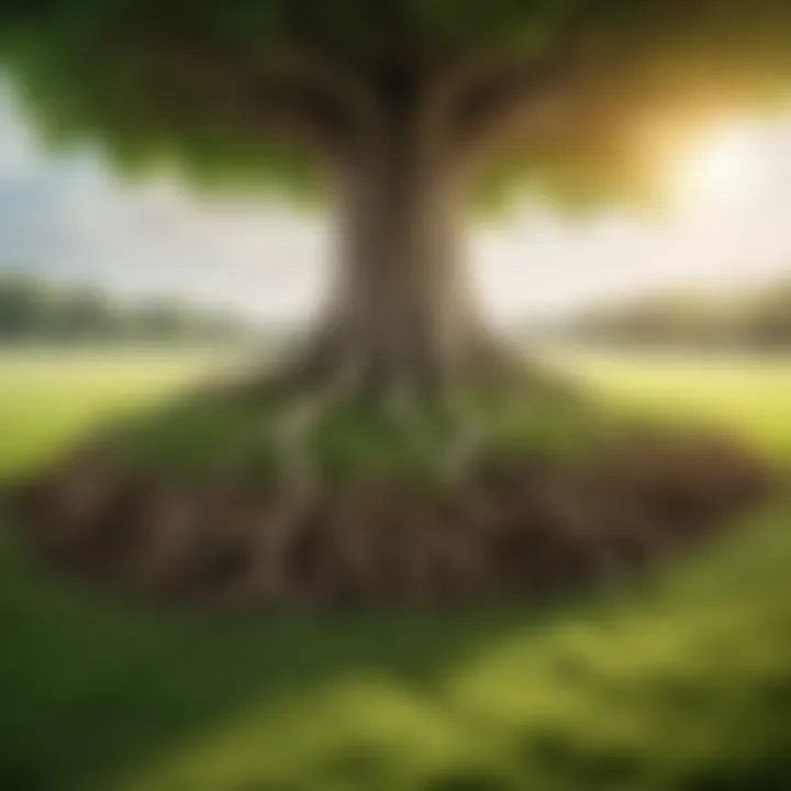 Illustration depicting the underground competition between tree roots and grass for nutrients