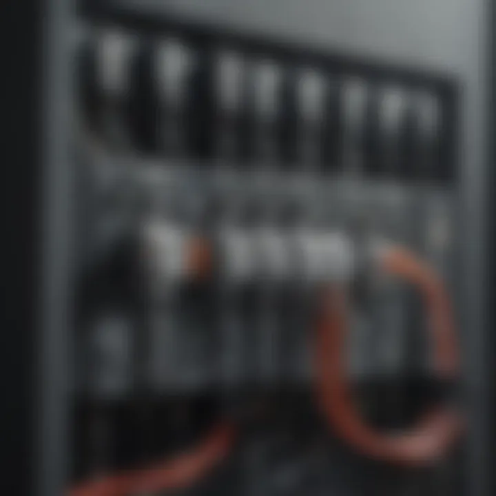 A close-up view of a modern breaker box showcasing its intricate wiring.