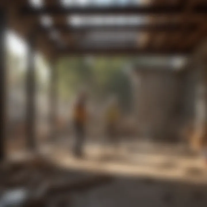 A construction site with workers engaging in the building of a patio.