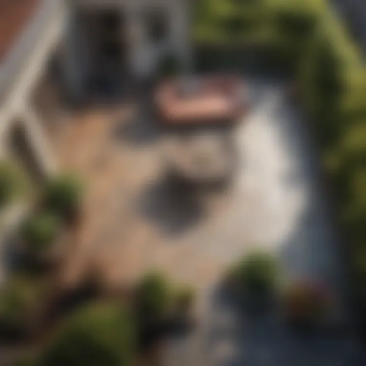 An aerial view of a residential area highlighting different patio styles.