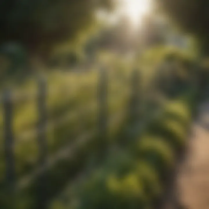 Expansive view of a welded wire fence surrounding a garden