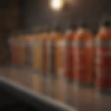 A selection of various roach sprays lined up on a shelf.