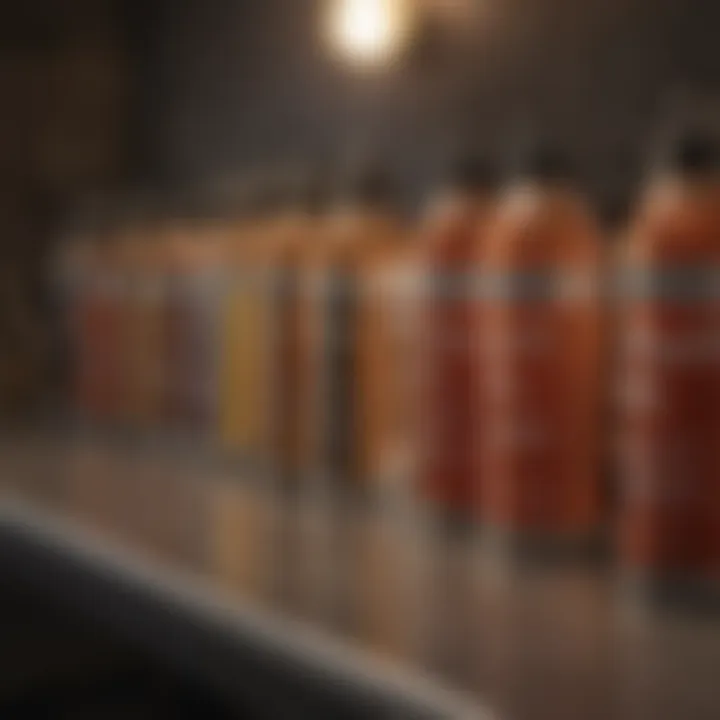 A selection of various roach sprays lined up on a shelf.