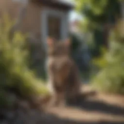 Illustration of a serene yard with a stray cat peacefully roaming