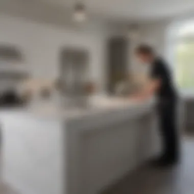 Professional installing a quartz countertop in a modern kitchen setting.
