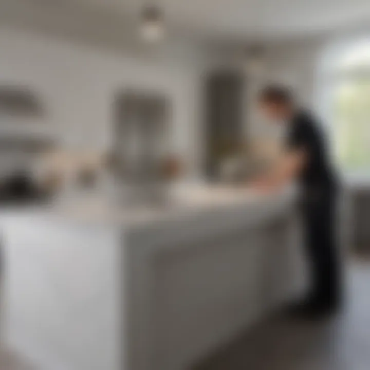 Professional installing a quartz countertop in a modern kitchen setting.