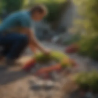 A gardener maintaining a flower bed with pebbles, ensuring soil health.