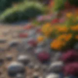 A vibrant flower bed enhanced with a variety of colorful pebble rocks.