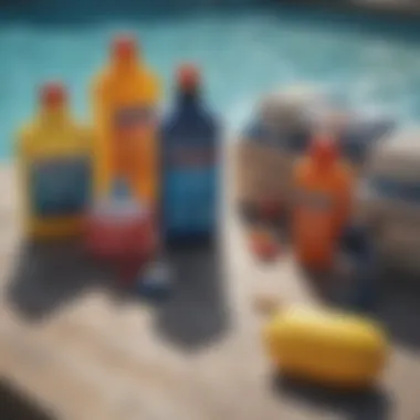 Organized Pool Chemicals for Safe Maintenance Various pool chemicals neatly organized on a table, emphasizing chemical safety.