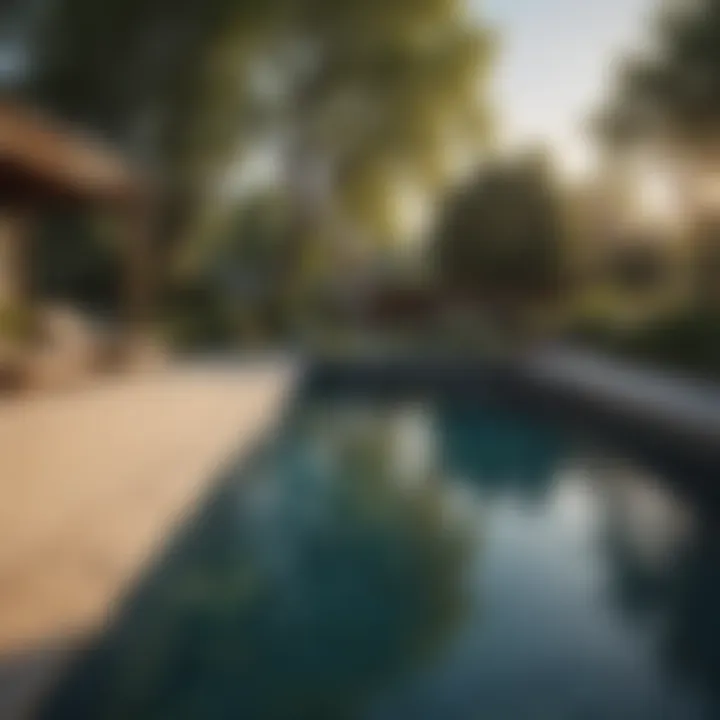 A tranquil evening scene of a well-maintained pool with ambient lighting.
