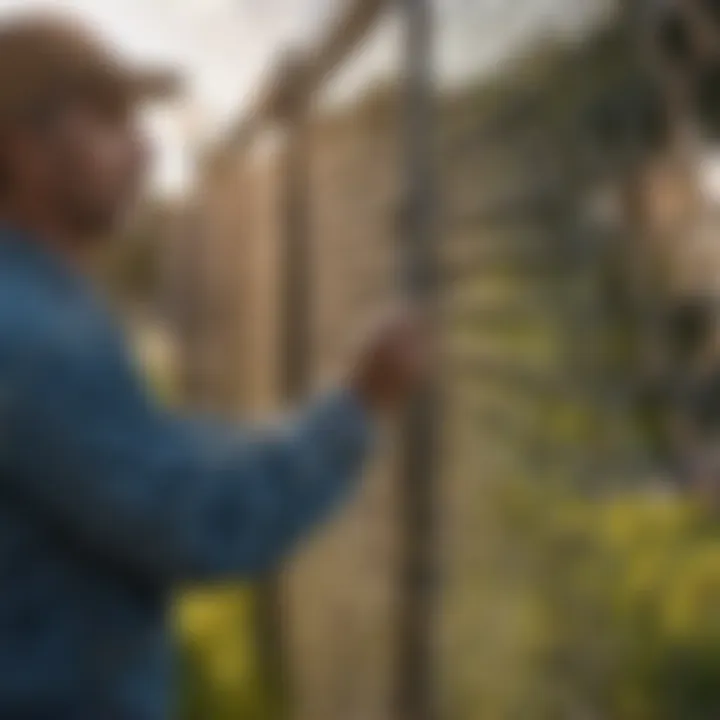 Worker inspecting chain link fence for scrap value